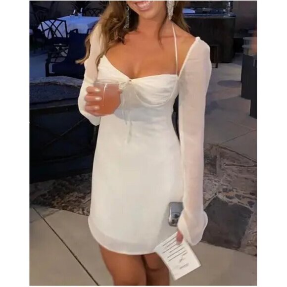 HOUSE OF CB Babydoll Halter Long Sleeve Minidress in Ivory Size X-Small - Picture 14 of 14